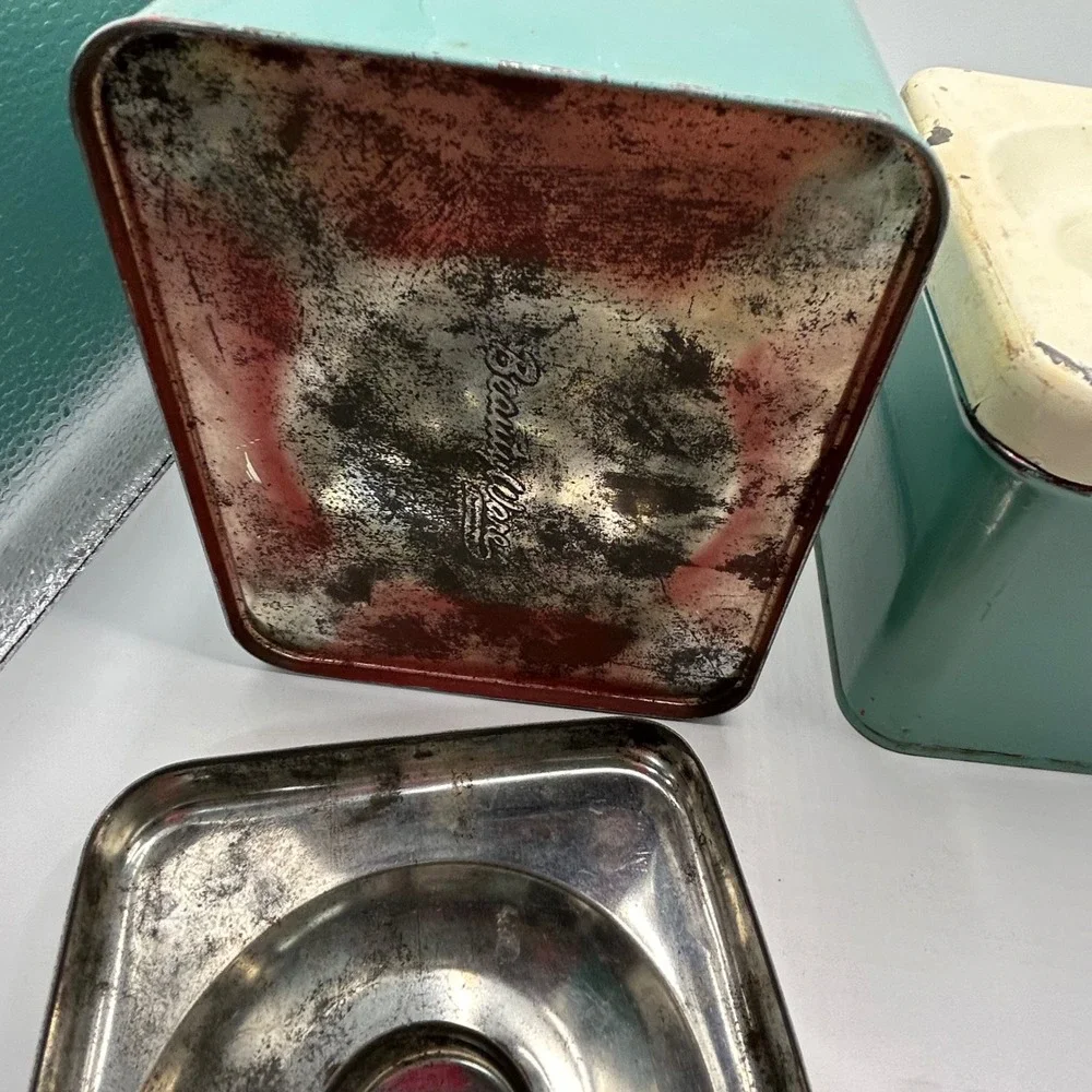 Vintage BeautyWare Metal Canister Set Turquoise Flour Tea Mid Century Modern